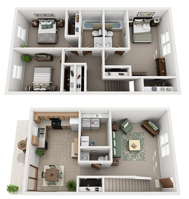 Floor plan for 3 beds, 2.5 baths, 1380 sqft
